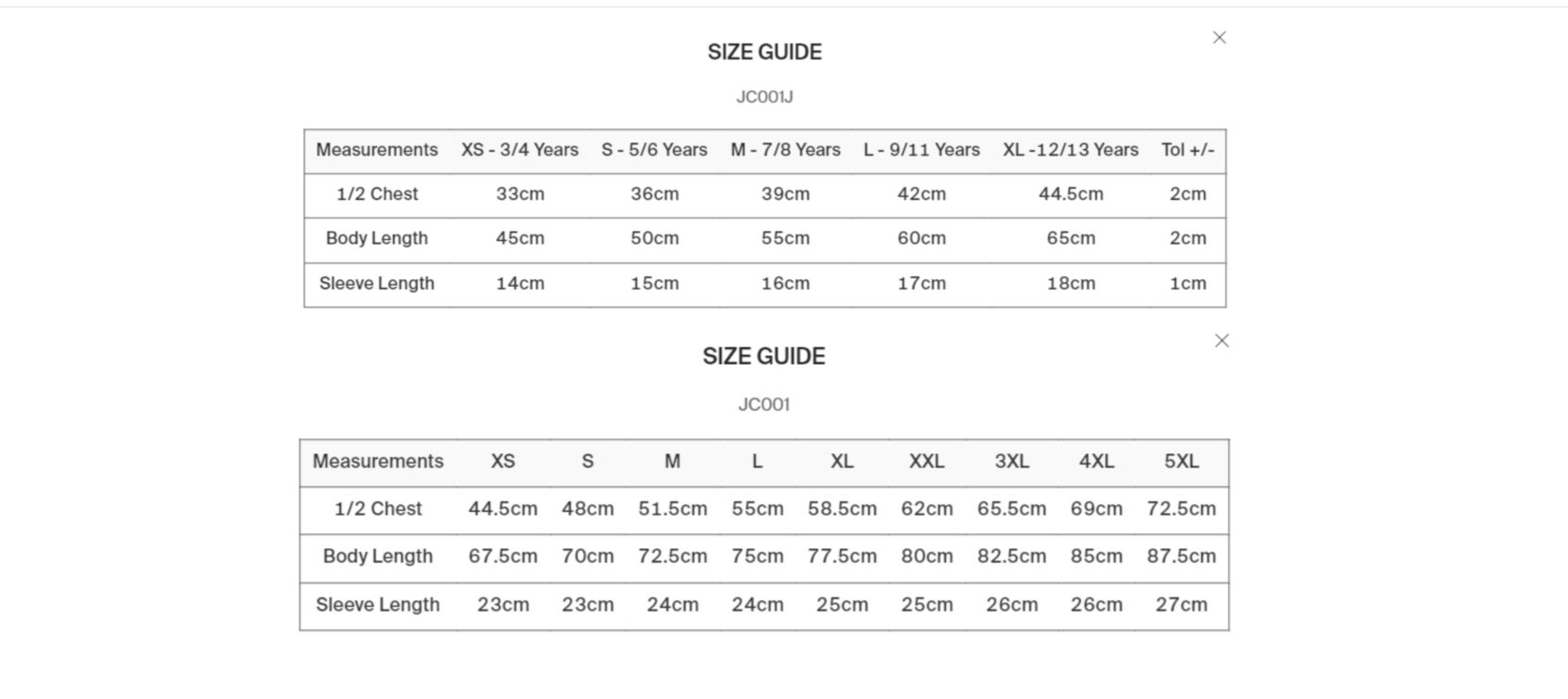 Tshirt sizes